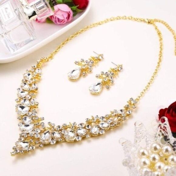 Yellow Gold with White Diamond Austrian Crystal Floral Necklace & Earrings Set - Picture 4 of 6